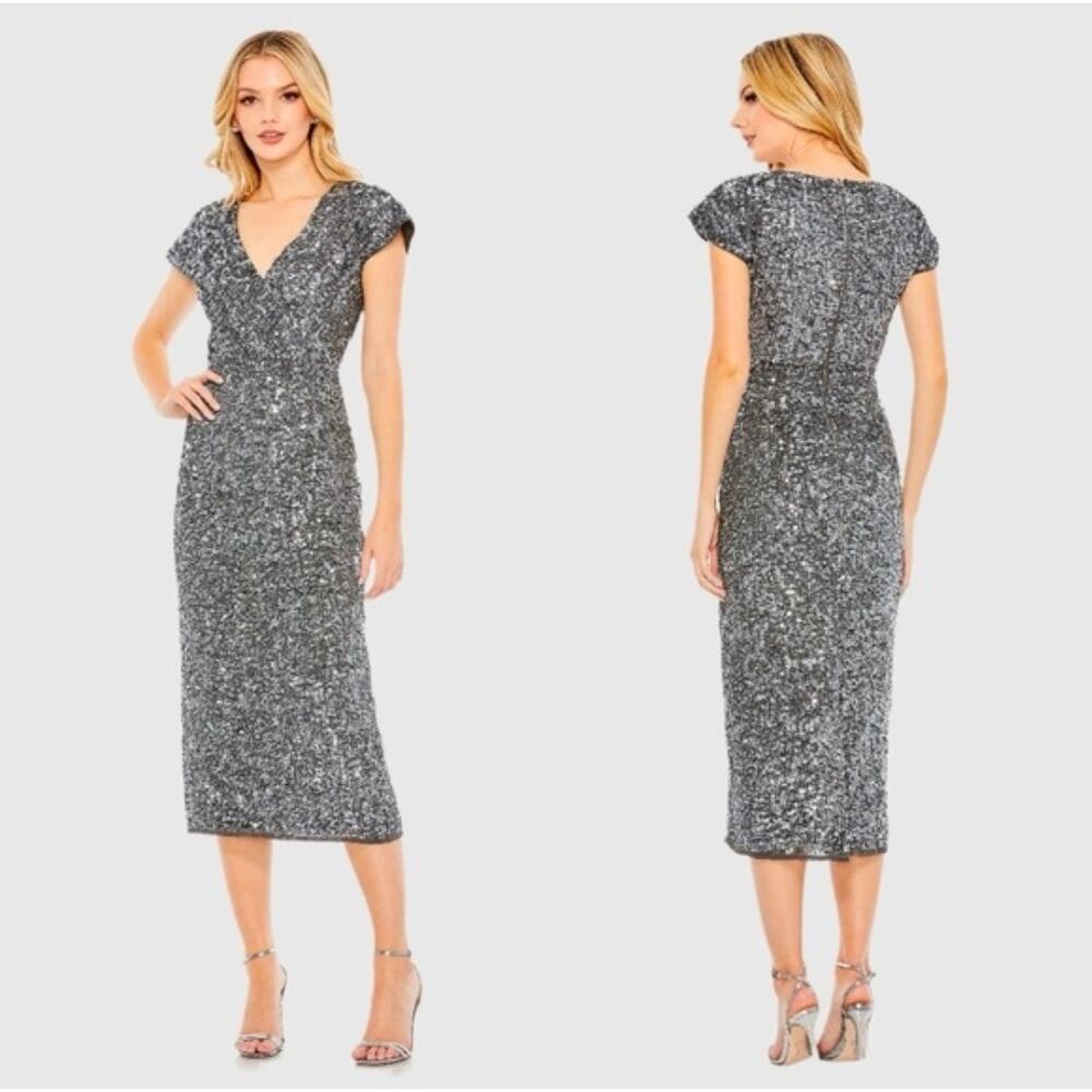 Mac Duggal 10766 Gray Silver Sequined Cap Sleeve Wrap Over Cocktail Dress Size 6